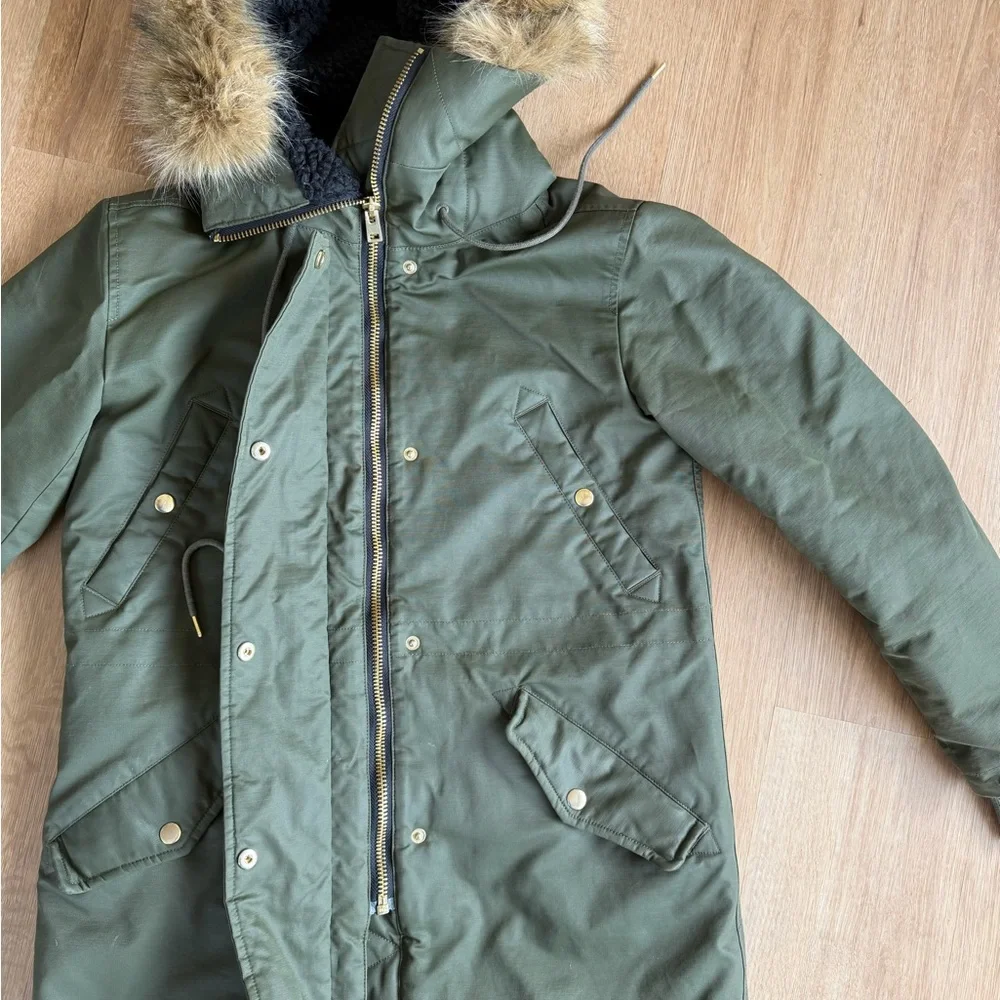 J.Crew Olive Green Perfect Winter Parka with Faux Fur Hood - Picture 5 of 9